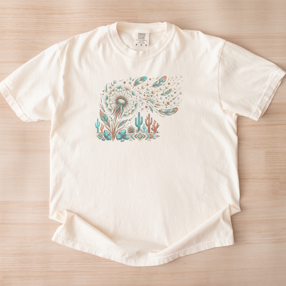 Dandelion Seeds Scattering Over a Desert Boho Tee